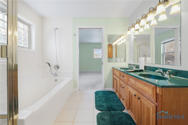 bathroom featuring vanity, tile patterned flooring, and plus walk in shower