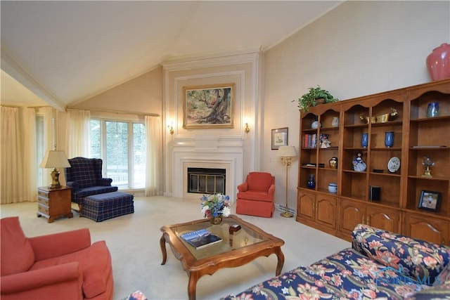 living room with lofted ceiling, carpet floors, and ornamental molding