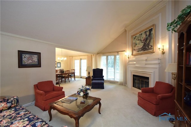 carpeted living room with an inviting chandelier, vaulted ceiling, and ornamental molding