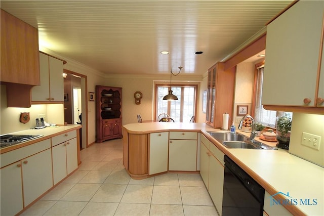 kitchen featuring dishwasher, sink, hanging light fixtures, kitchen peninsula, and stainless steel gas cooktop