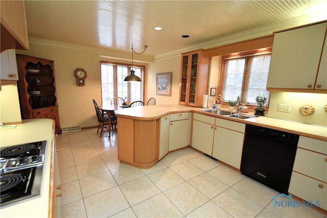 kitchen with pendant lighting, dishwasher, sink, kitchen peninsula, and gas cooktop