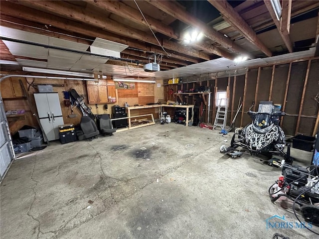 garage featuring a workshop area and a garage door opener