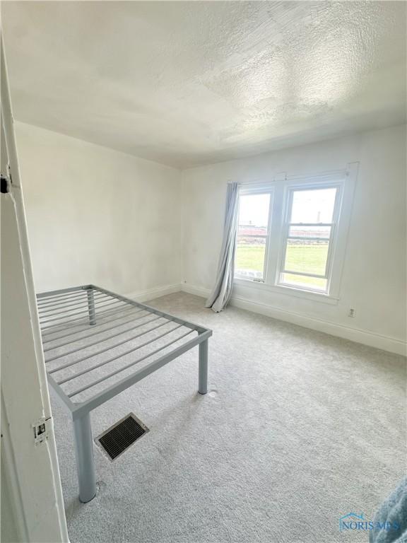 interior space with baseboards, visible vents, a textured ceiling, and light colored carpet