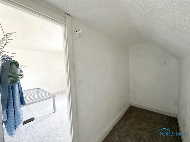 bonus room featuring a textured ceiling, carpet floors, vaulted ceiling, and baseboards