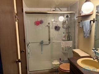 bathroom with vanity, walk in shower, and toilet