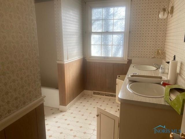 bathroom with wood walls, vanity, and a healthy amount of sunlight