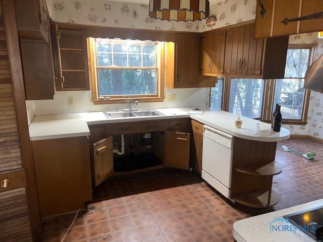 kitchen with white dishwasher, kitchen peninsula, and sink