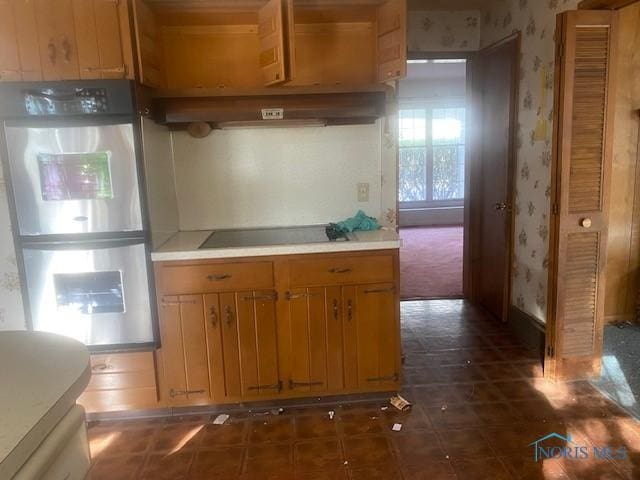 kitchen featuring black electric stovetop, exhaust hood, and fridge