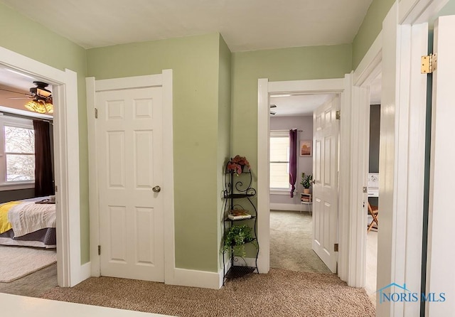 hallway featuring light colored carpet and a wealth of natural light