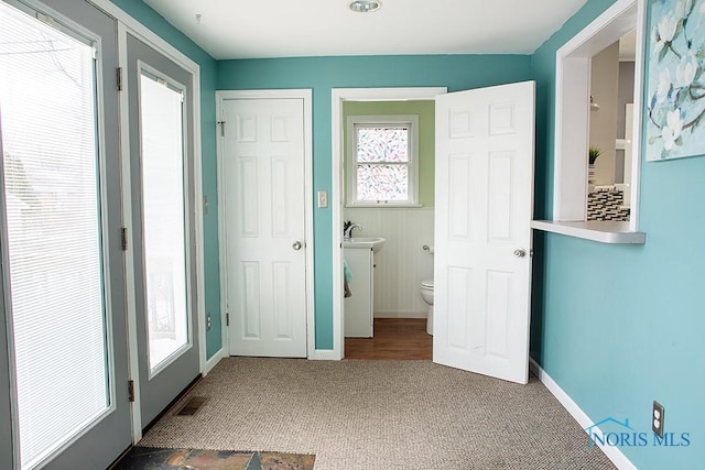 interior space with sink and carpet floors