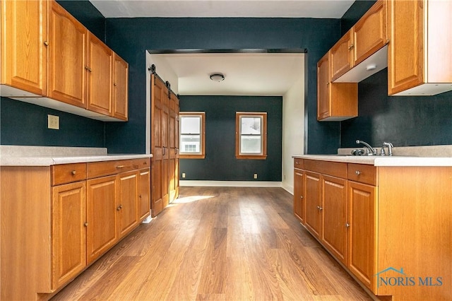 kitchen featuring a barn door, light wood-type flooring, and sink