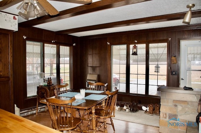 dining area with ceiling fan, hardwood / wood-style flooring, a baseboard heating unit, wood walls, and beam ceiling