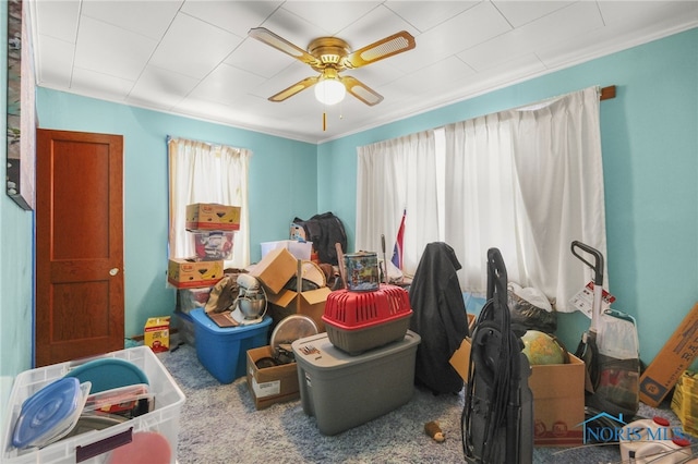 rec room featuring carpet, ceiling fan, and crown molding