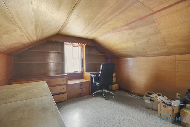 unfurnished office featuring lofted ceiling