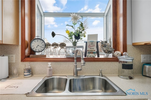 interior details featuring sink and decorative backsplash