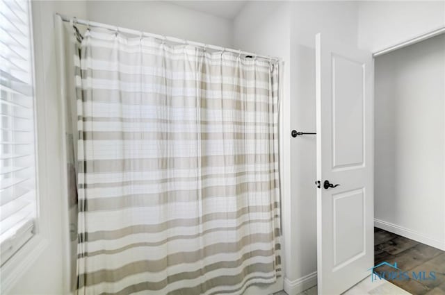 bathroom with wood-type flooring