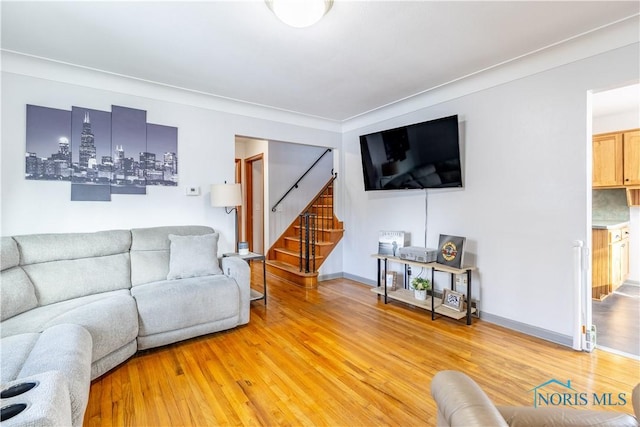 living room featuring crown molding and light hardwood / wood-style floors