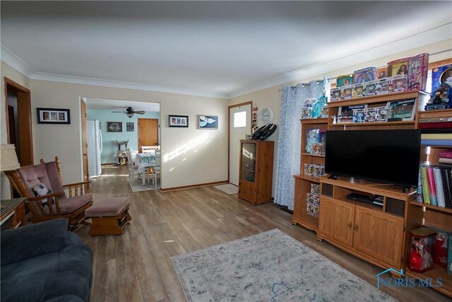 living room featuring light hardwood / wood-style flooring, ceiling fan, and crown molding