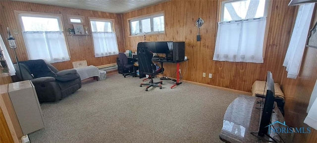 office with wooden walls and carpet flooring