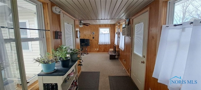 hallway featuring wood ceiling, carpet floors, and wood walls