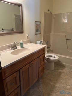 full bathroom featuring shower / tub combination, vanity, and toilet