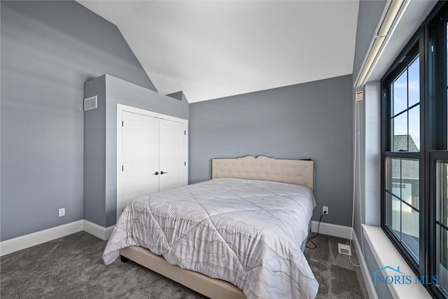 carpeted bedroom featuring lofted ceiling and a closet