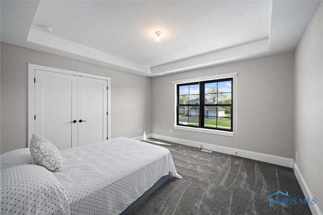 carpeted bedroom featuring a tray ceiling