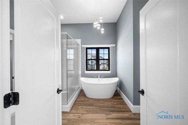 bathroom featuring wood-type flooring and independent shower and bath