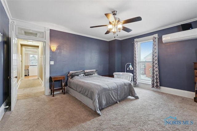 bedroom featuring ornamental molding, light colored carpet, ceiling fan, and a wall mounted air conditioner