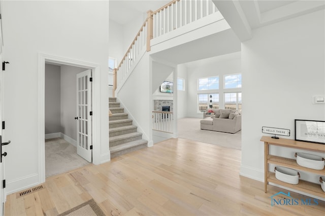 entryway featuring a high ceiling, light hardwood / wood-style flooring, and a stone fireplace