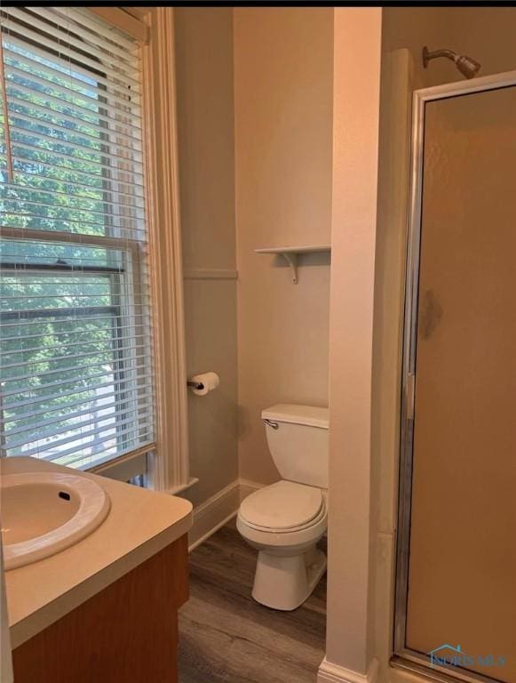 bathroom with vanity, walk in shower, toilet, and hardwood / wood-style floors