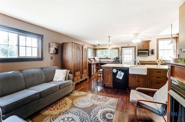 living room with sink, ceiling fan, and dark hardwood / wood-style floors