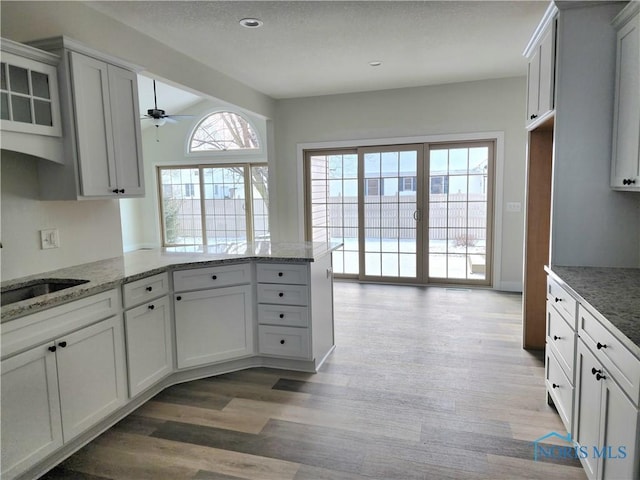 kitchen with white cabinetry, hardwood / wood-style floors, and light stone counters