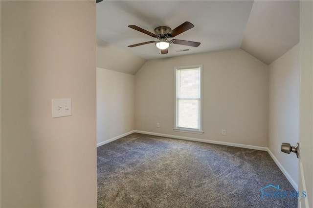 bonus room featuring ceiling fan, carpet floors, and vaulted ceiling