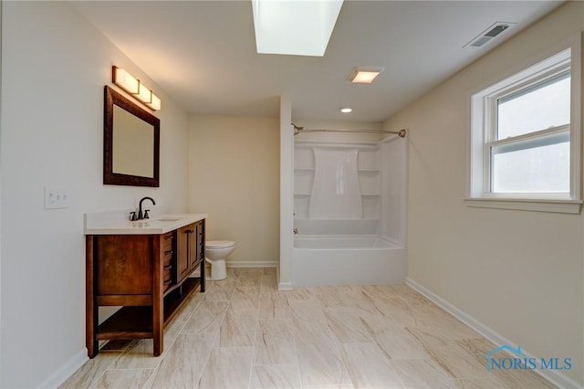 full bathroom with toilet,  shower combination, and vanity