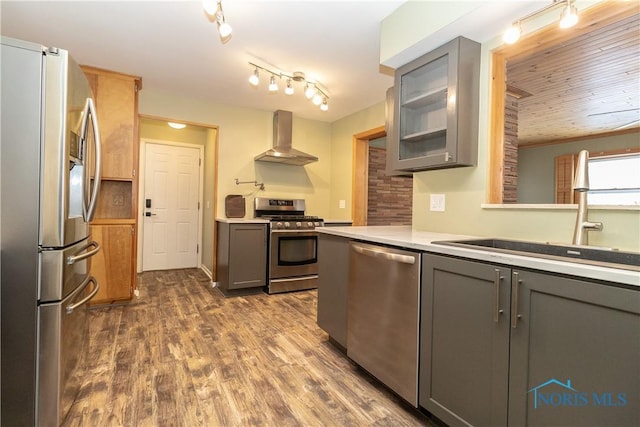 kitchen with sink, gray cabinetry, dark hardwood / wood-style flooring, stainless steel appliances, and wall chimney range hood