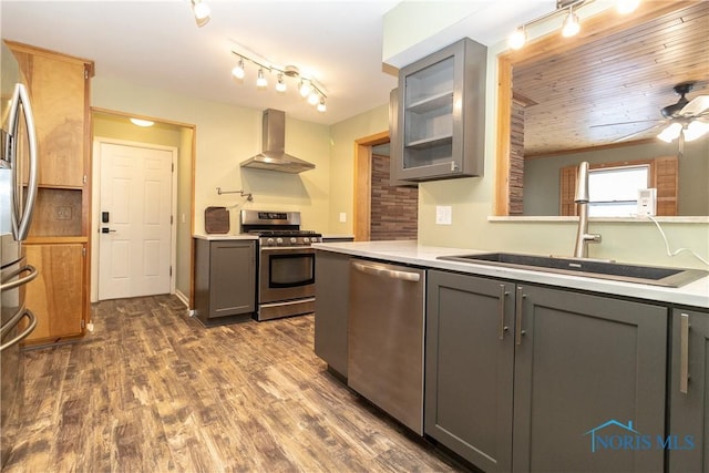 kitchen featuring sink, gray cabinets, appliances with stainless steel finishes, wooden ceiling, and wall chimney exhaust hood