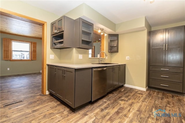 kitchen with sink, stainless steel dishwasher, and dark hardwood / wood-style floors