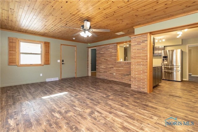 unfurnished living room with dark hardwood / wood-style flooring, wood ceiling, ornamental molding, and ceiling fan