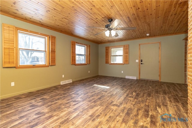 unfurnished room featuring crown molding, dark hardwood / wood-style floors, wooden ceiling, and ceiling fan