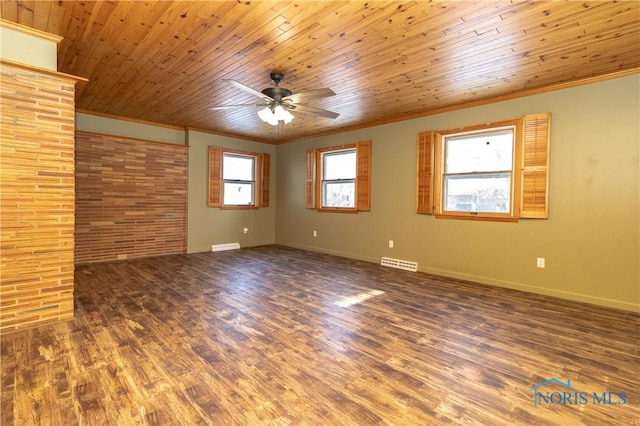 unfurnished room featuring crown molding, wood ceiling, and dark wood-type flooring