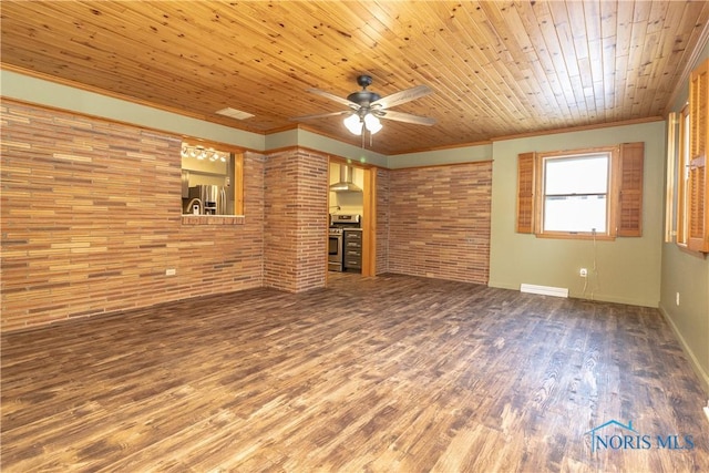 unfurnished living room with wooden ceiling, ornamental molding, ceiling fan, brick wall, and hardwood / wood-style floors