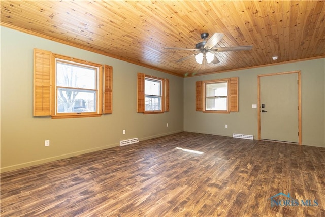 spare room featuring ornamental molding, dark wood-type flooring, and wood ceiling