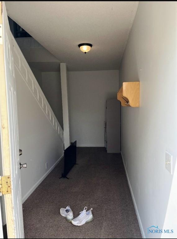 basement featuring dark colored carpet