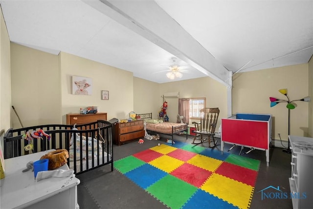 game room featuring ceiling fan and lofted ceiling with beams