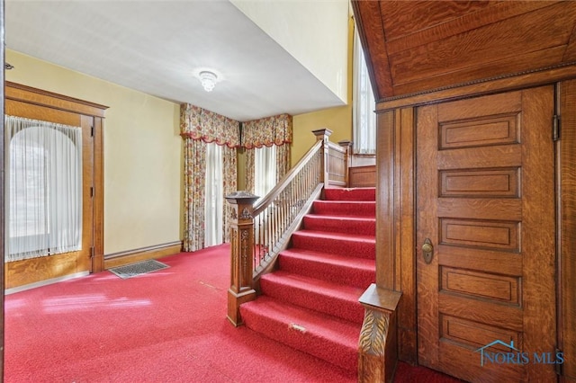 staircase featuring carpet flooring