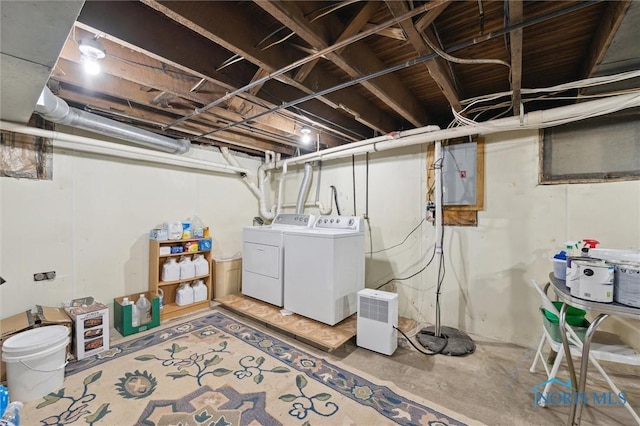 basement with washer and dryer and electric panel