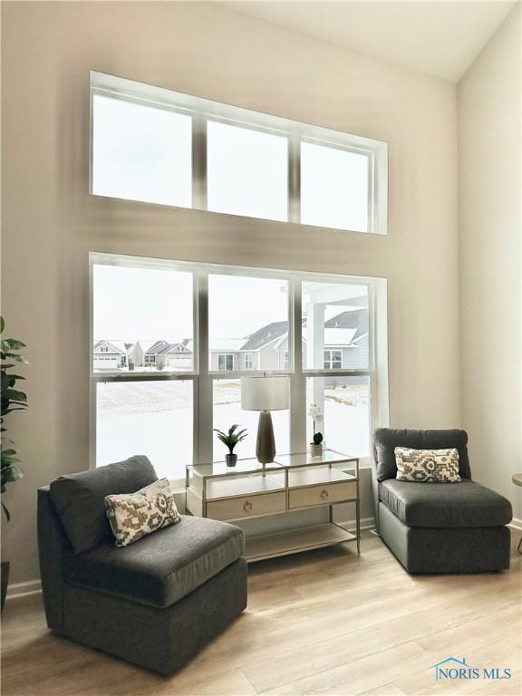 sitting room with a towering ceiling, light wood-style flooring, baseboards, and a wealth of natural light