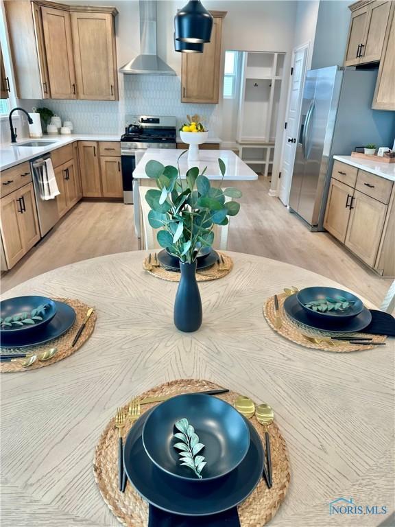 kitchen featuring stainless steel appliances, light countertops, decorative backsplash, a sink, and wall chimney range hood