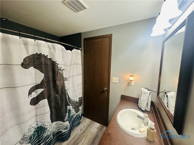 bathroom with hardwood / wood-style flooring and vanity